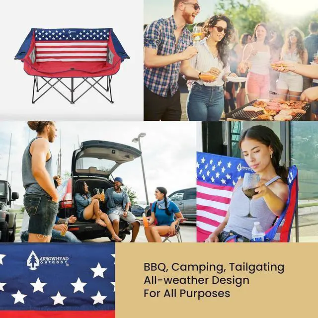 Alt view image 7 of 8 - ARROWHEAD OUTDOOR Portable Folding Double Duo Camping Chair Loveseat w/ 2 Cup & Wine Glass Holder, Heavy-Duty Carrying Bag, Padded Seats & Armrests, Supports up to 500lbs, American Flag, USA-Support