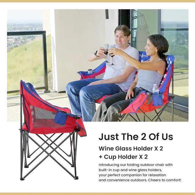 Alt view image 5 of 8 - ARROWHEAD OUTDOOR Portable Folding Double Duo Camping Chair Loveseat w/ 2 Cup & Wine Glass Holder, Heavy-Duty Carrying Bag, Padded Seats & Armrests, Supports up to 500lbs, American Flag, USA-Support