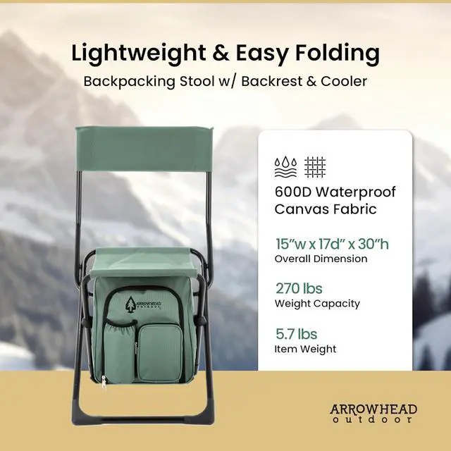 Alt view image 3 of 8 - ARROWHEAD OUTDOOR Multi-Function 3-in-1 Compact Fishing Chair: Backpack, Stool & Insulated Cooler, w/ Bottle Holder & Storage Bag, External Pockets, Backrest, Camp, Hiking, Heavy-Duty, USA-Based