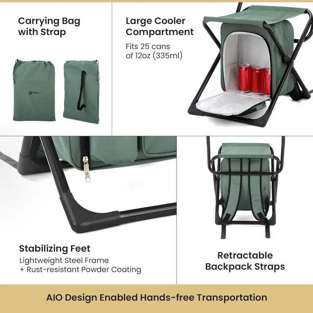 Alt view image 4 of 8 - ARROWHEAD OUTDOOR Multi-Function 3-in-1 Compact Fishing Chair: Backpack, Stool & Insulated Cooler, w/ Bottle Holder & Storage Bag, External Pockets, Backrest, Camp, Hiking, Heavy-Duty, USA-Based