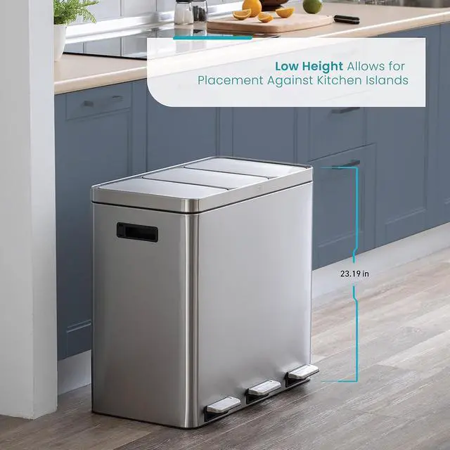 Alt view image 4 of 7 - Home Zone Living 16 Gallon Kitchen Trash Can for Recycling and Trash, 3 Compartments for 60 Liter Total Capacity