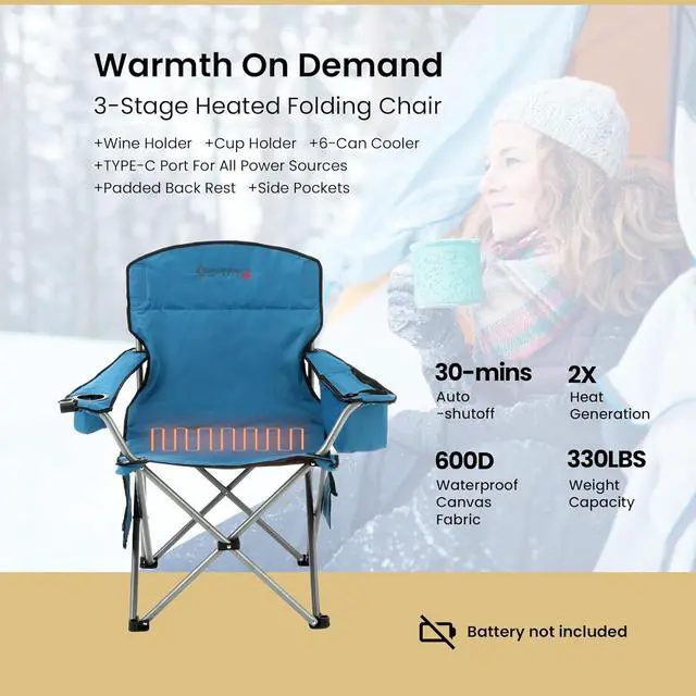 Alt view image 3 of 8 - ARROWHEAD OUTDOOR Portable Heated Folding Camping Chair w/ 6-Can Cooler, 3 Heat Settings, Cup & Wine Glass Holder, Heavy-Duty Carrying Bag, Padded Armrests, Battery NOT Included, Supports up to 330lbs