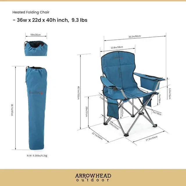 Alt view image 2 of 8 - ARROWHEAD OUTDOOR Portable Heated Folding Camping Chair w/ 6-Can Cooler, 3 Heat Settings, Cup & Wine Glass Holder, Heavy-Duty Carrying Bag, Padded Armrests, Battery NOT Included, Supports up to 330lbs