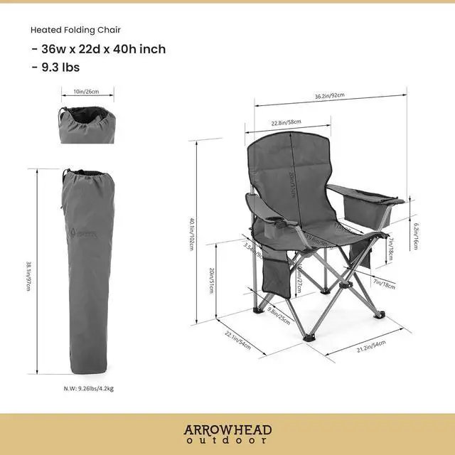 Alt view image 2 of 8 - ARROWHEAD OUTDOOR Portable Heated Folding Camping Chair w/ 6-Can Cooler, 3 Heat Settings, Cup & Wine Glass Holder, Heavy-Duty Carrying Bag, Padded Armrests, Battery NOT Included, Supports up to 330lbs