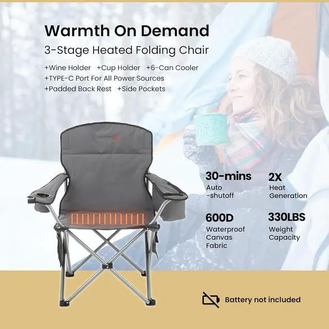 Alt view image 3 of 8 - ARROWHEAD OUTDOOR Portable Heated Folding Camping Chair w/ 6-Can Cooler, 3 Heat Settings, Cup & Wine Glass Holder, Heavy-Duty Carrying Bag, Padded Armrests, Battery NOT Included, Supports up to 330lbs