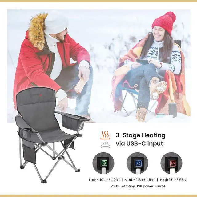 Alt view image 5 of 8 - ARROWHEAD OUTDOOR Portable Heated Folding Camping Chair w/ 6-Can Cooler, 3 Heat Settings, Cup & Wine Glass Holder, Heavy-Duty Carrying Bag, Padded Armrests, Battery NOT Included, Supports up to 330lbs