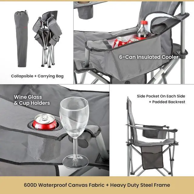 Alt view image 6 of 8 - ARROWHEAD OUTDOOR Portable Heated Folding Camping Chair w/ 6-Can Cooler, 3 Heat Settings, Cup & Wine Glass Holder, Heavy-Duty Carrying Bag, Padded Armrests, Battery NOT Included, Supports up to 330lbs