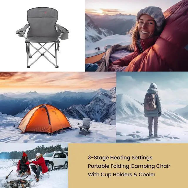 Alt view image 7 of 8 - ARROWHEAD OUTDOOR Portable Heated Folding Camping Chair w/ 6-Can Cooler, 3 Heat Settings, Cup & Wine Glass Holder, Heavy-Duty Carrying Bag, Padded Armrests, Battery NOT Included, Supports up to 330lbs