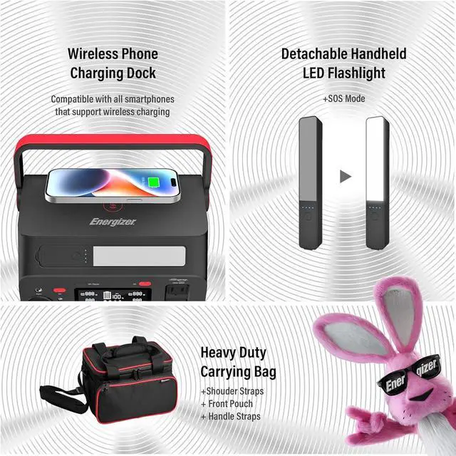 Alt view image 5 of 5 - Energizer 293W Portable Power Station, Flashlight, Lithium, Solar Generator, 120V/300W(Peak 600W) Pure Sine Wave AC Outlet, 60W USB-C PD, Case, Outdoor, Home Emergency, Power Outage, RV, Camping, CPAP