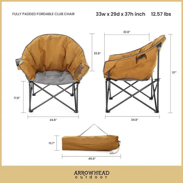 Alt view image 3 of 8 - ARROWHEAD OUTDOOR Oversized Heavy-Duty Club Folding Camping Chair w/External Pocket, Cup Holder, Portable, Padded, Moon, Round, Saucer, Supports 330lbs, Carrying Bag, USA-Based Support