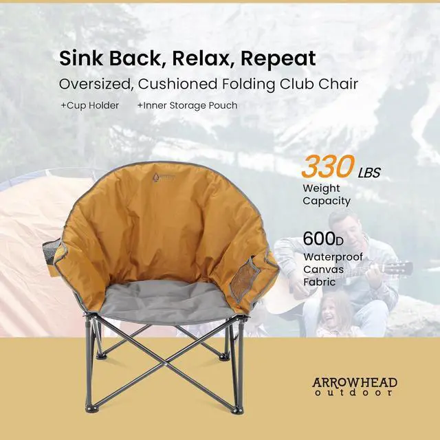 Alt view image 4 of 8 - ARROWHEAD OUTDOOR Oversized Heavy-Duty Club Folding Camping Chair w/External Pocket, Cup Holder, Portable, Padded, Moon, Round, Saucer, Supports 330lbs, Carrying Bag, USA-Based Support
