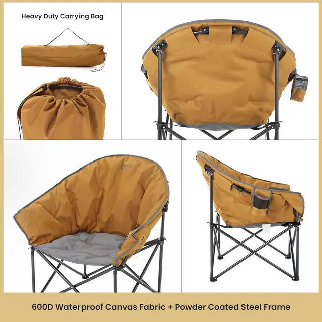 Alt view image 5 of 8 - ARROWHEAD OUTDOOR Oversized Heavy-Duty Club Folding Camping Chair w/External Pocket, Cup Holder, Portable, Padded, Moon, Round, Saucer, Supports 330lbs, Carrying Bag, USA-Based Support