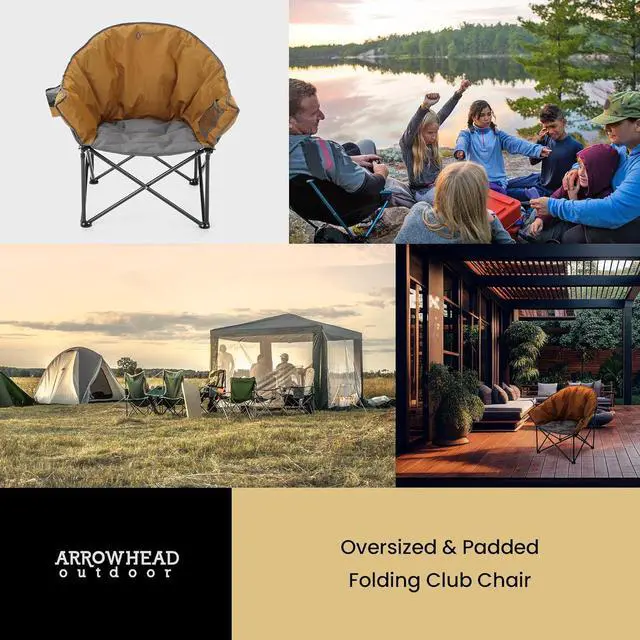 Alt view image 7 of 8 - ARROWHEAD OUTDOOR Oversized Heavy-Duty Club Folding Camping Chair w/External Pocket, Cup Holder, Portable, Padded, Moon, Round, Saucer, Supports 330lbs, Carrying Bag, USA-Based Support
