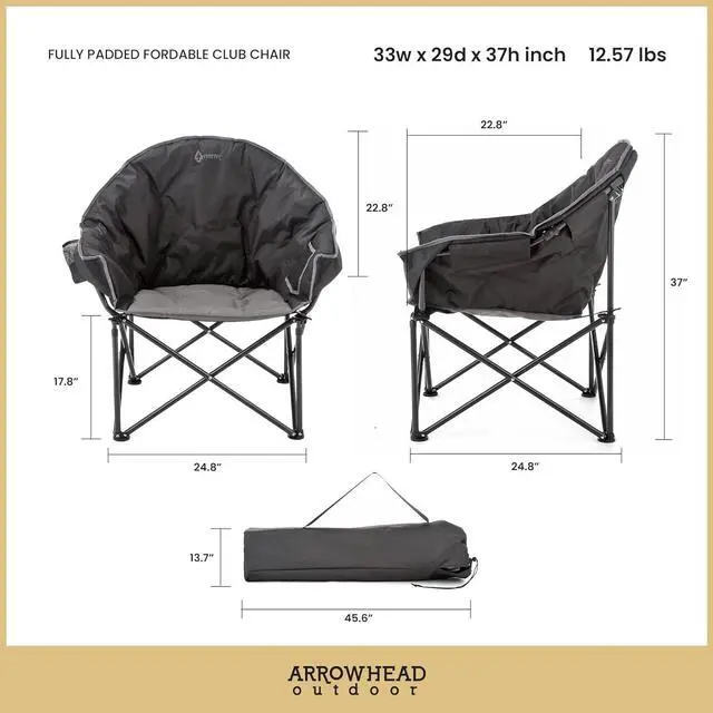 Alt view image 3 of 8 - ARROWHEAD OUTDOOR Oversized Heavy-Duty Club Folding Camping Chair w/External Pocket, Cup Holder, Portable, Padded, Moon, Round, Saucer, Supports 330lbs, Carrying Bag, USA-Based Support
