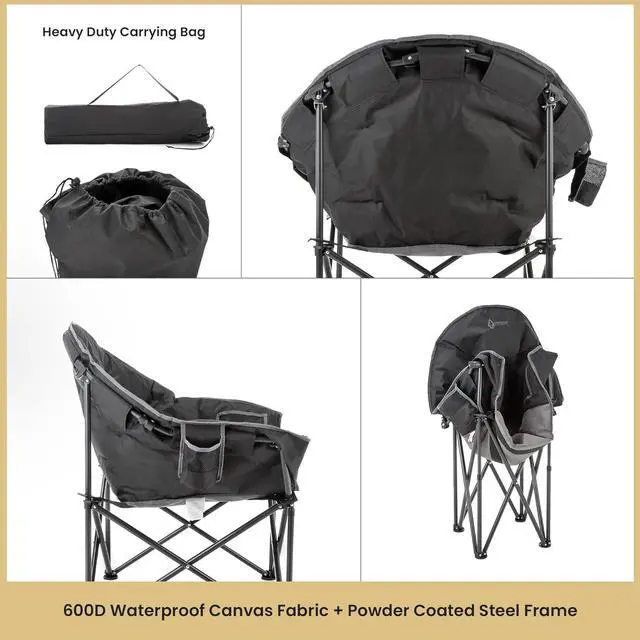 Alt view image 5 of 8 - ARROWHEAD OUTDOOR Oversized Heavy-Duty Club Folding Camping Chair w/External Pocket, Cup Holder, Portable, Padded, Moon, Round, Saucer, Supports 330lbs, Carrying Bag, USA-Based Support