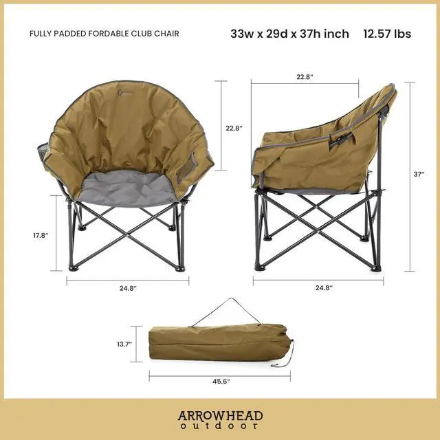 Alt view image 3 of 8 - ARROWHEAD OUTDOOR Oversized Heavy-Duty Club Folding Camping Chair w/External Pocket, Cup Holder, Portable, Padded, Moon, Round, Saucer, Supports 330lbs, Carrying Bag, USA-Based Support
