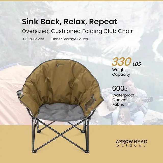Alt view image 4 of 8 - ARROWHEAD OUTDOOR Oversized Heavy-Duty Club Folding Camping Chair w/External Pocket, Cup Holder, Portable, Padded, Moon, Round, Saucer, Supports 330lbs, Carrying Bag, USA-Based Support