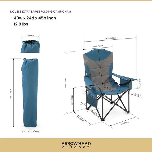 Alt view image 2 of 8 - ARROWHEAD OUTDOOR XXL Folding Padded Camping Chair w/Cup & Wine Holder, Armrest Cooler, Support up to 600 lbs