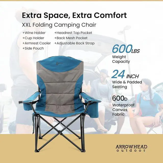Alt view image 3 of 8 - ARROWHEAD OUTDOOR XXL Folding Padded Camping Chair w/Cup & Wine Holder, Armrest Cooler, Support up to 600 lbs