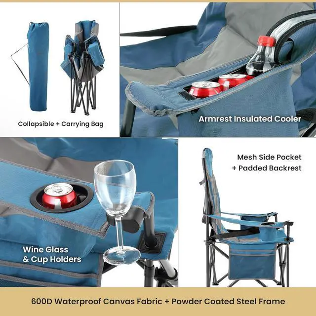 Alt view image 5 of 8 - ARROWHEAD OUTDOOR XXL Folding Padded Camping Chair w/Cup & Wine Holder, Armrest Cooler, Support up to 600 lbs