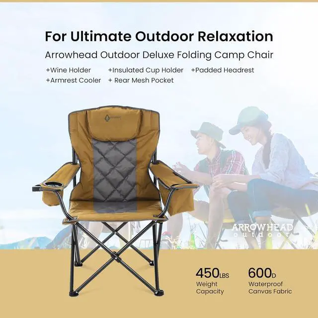 Alt view image 4 of 8 - ARROWHEAD OUTDOOR Portable Folding Camping Quad Chair w/ 6-Can Cooler, Cup & Wine Glass Holders, Heavy-Duty Carrying Bag, Padded Armrests, Headrest & Seat, Supports up to 450lbs, USA-Based Support