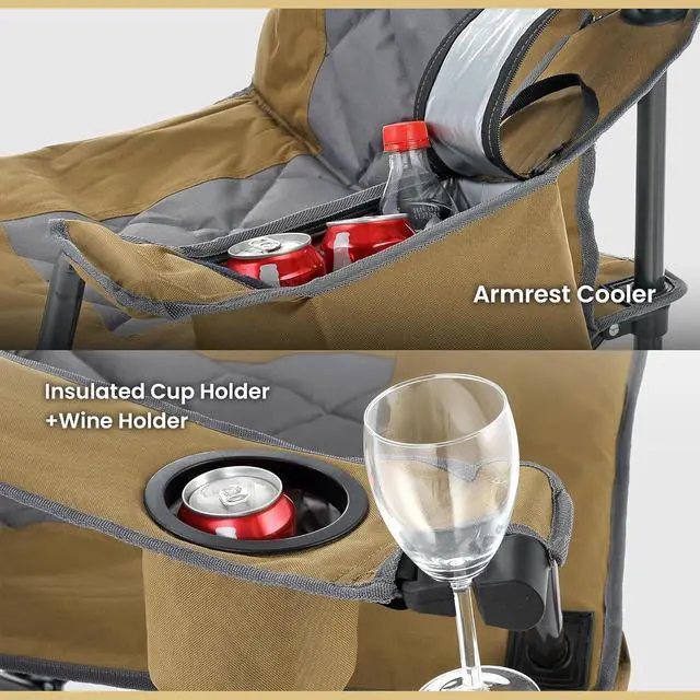 Alt view image 6 of 8 - ARROWHEAD OUTDOOR Portable Folding Camping Quad Chair w/ 6-Can Cooler, Cup & Wine Glass Holders, Heavy-Duty Carrying Bag, Padded Armrests, Headrest & Seat, Supports up to 450lbs, USA-Based Support