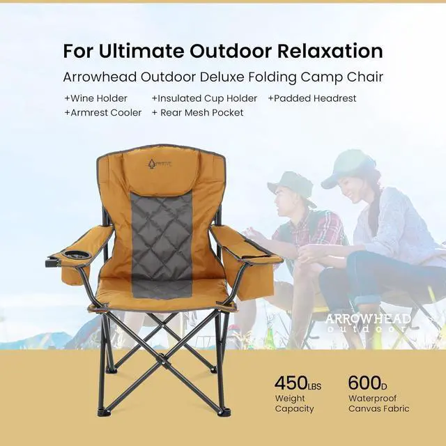 Alt view image 4 of 8 - ARROWHEAD OUTDOOR Portable Folding Camping Quad Chair w/ 6-Can Cooler, Cup & Wine Glass Holders, Heavy-Duty Carrying Bag, Padded Armrests, Headrest & Seat, Supports up to 450lbs, USA-Based Support