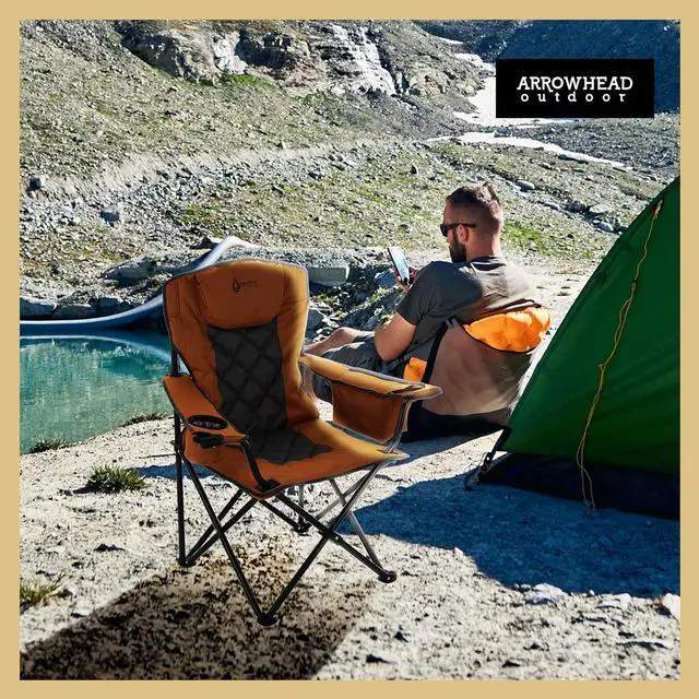 Alt view image 2 of 8 - ARROWHEAD OUTDOOR Portable Folding Camping Quad Chair w/ 6-Can Cooler, Cup & Wine Glass Holders, Heavy-Duty Carrying Bag, Padded Armrests, Headrest & Seat, Supports up to 450lbs, USA-Based Support