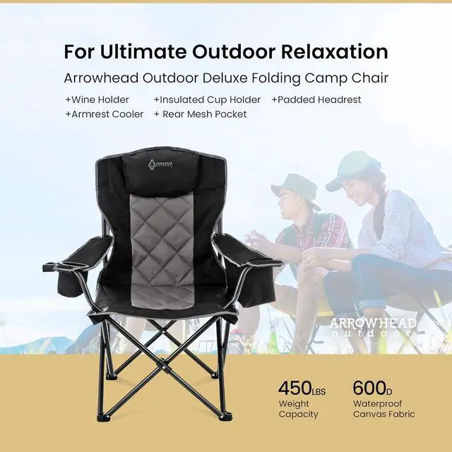 Alt view image 4 of 8 - ARROWHEAD OUTDOOR Portable Folding Camping Quad Chair w/ 6-Can Cooler, Cup & Wine Glass Holders, Heavy-Duty Carrying Bag, Padded Armrests, Headrest & Seat, Supports up to 450lbs, USA-Based Support