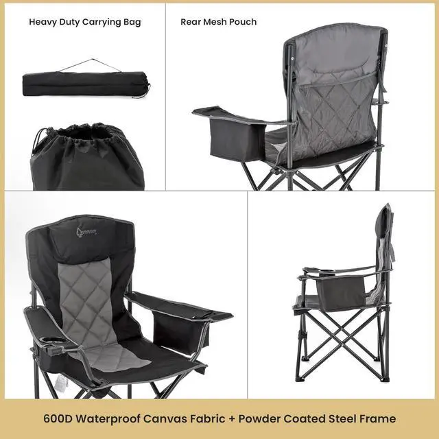 Alt view image 5 of 8 - ARROWHEAD OUTDOOR Portable Folding Camping Quad Chair w/ 6-Can Cooler, Cup & Wine Glass Holders, Heavy-Duty Carrying Bag, Padded Armrests, Headrest & Seat, Supports up to 450lbs, USA-Based Support