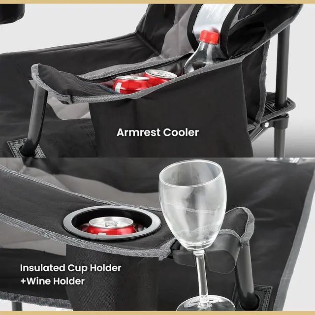 Alt view image 6 of 8 - ARROWHEAD OUTDOOR Portable Folding Camping Quad Chair w/ 6-Can Cooler, Cup & Wine Glass Holders, Heavy-Duty Carrying Bag, Padded Armrests, Headrest & Seat, Supports up to 450lbs, USA-Based Support