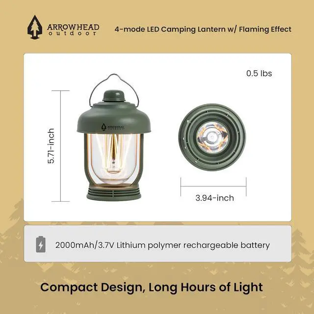 Alt view image 5 of 8 - ARROWHEAD OUTDOOR 6-inch LED Camping Lantern, 4 Lighting Modes, USB-C Charging, IP6X, Max. 280 Lumens, Carabiner Included, Army Green