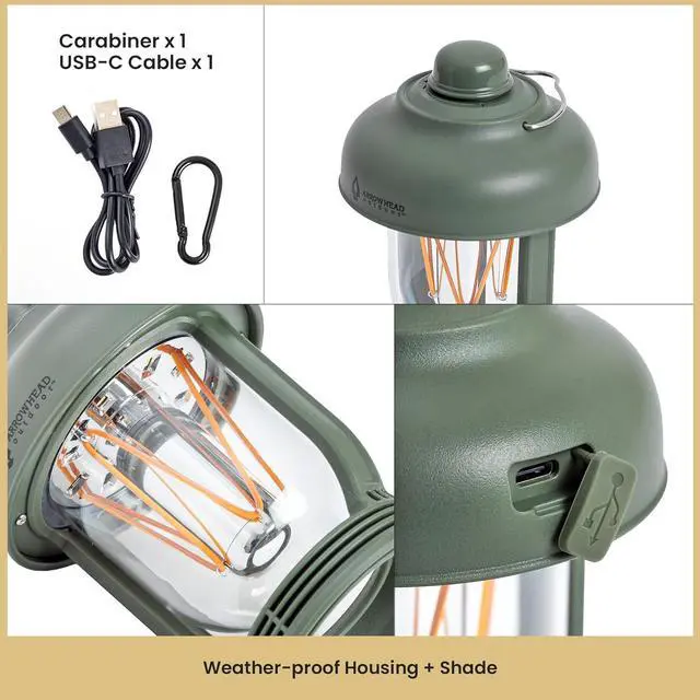 Alt view image 4 of 8 - ARROWHEAD OUTDOOR 6-inch LED Camping Lantern, 4 Lighting Modes, USB-C Charging, IP6X, Max. 280 Lumens, Carabiner Included, Army Green