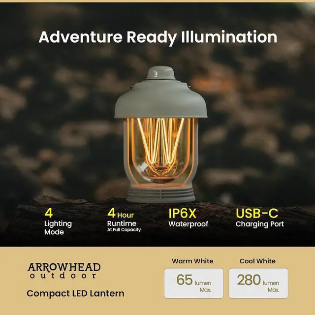 Alt view image 2 of 8 - ARROWHEAD OUTDOOR 6-inch LED Camping Lantern, 4 Lighting Modes, USB-C Charging, IP6X, Max. 280 Lumens, Carabiner Included, Army Green