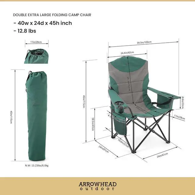 Alt view image 2 of 8 - ARROWHEAD OUTDOOR XXL Folding Padded Camping Chair w/Cup & Wine Holder, Armrest Cooler, Support up to 600 lbs