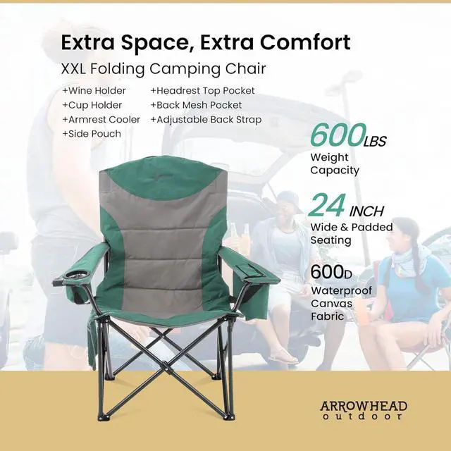 Alt view image 4 of 8 - ARROWHEAD OUTDOOR XXL Folding Padded Camping Chair w/Cup & Wine Holder, Armrest Cooler, Support up to 600 lbs
