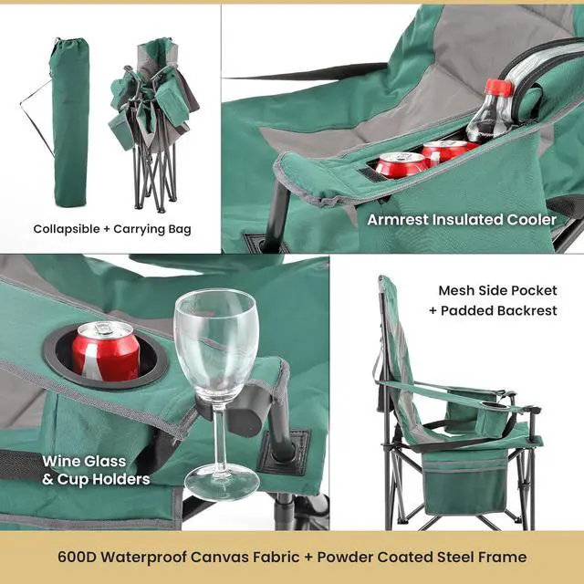 Alt view image 7 of 8 - ARROWHEAD OUTDOOR XXL Folding Padded Camping Chair w/Cup & Wine Holder, Armrest Cooler, Support up to 600 lbs