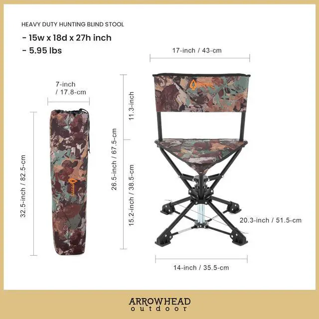 Alt view image 2 of 8 - ARROWHEAD OUTDOOR 360° Swivel Hunting Blind Tripod Stool, Folding Chair, No Sink Feet, Carrying Case, Steel Frame, Camo, Fishing, High-Grade 600D Canvas