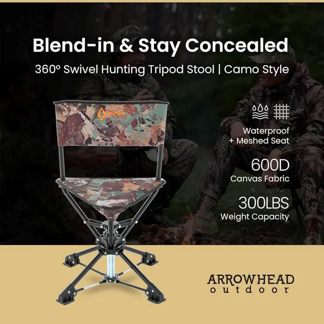Alt view image 3 of 8 - ARROWHEAD OUTDOOR 360° Swivel Hunting Blind Tripod Stool, Folding Chair, No Sink Feet, Carrying Case, Steel Frame, Camo, Fishing, High-Grade 600D Canvas