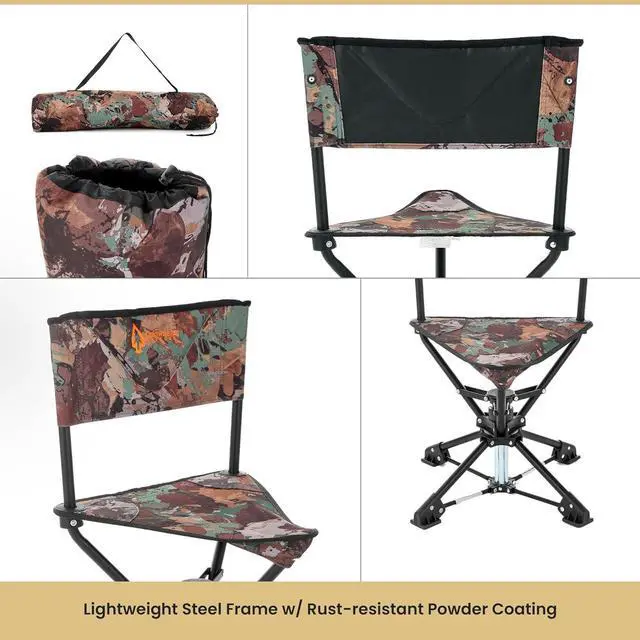 Alt view image 5 of 8 - ARROWHEAD OUTDOOR 360° Swivel Hunting Blind Tripod Stool, Folding Chair, No Sink Feet, Carrying Case, Steel Frame, Camo, Fishing, High-Grade 600D Canvas