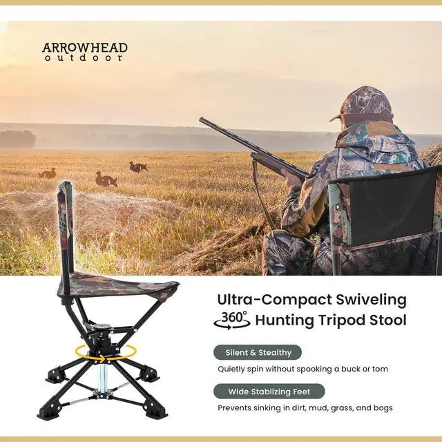 Alt view image 4 of 8 - ARROWHEAD OUTDOOR 360° Swivel Hunting Blind Tripod Stool, Folding Chair, No Sink Feet, Carrying Case, Steel Frame, Camo, Fishing, High-Grade 600D Canvas