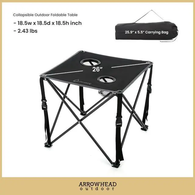 Alt view image 2 of 8 - ARROWHEAD OUTDOOR 26" Heavy-Duty Portable Folding Table, 2 Cup Holders, No Sag Surface, Compact, Square, Carrying Case, Steel Frame, High-Grade 600D Canvas