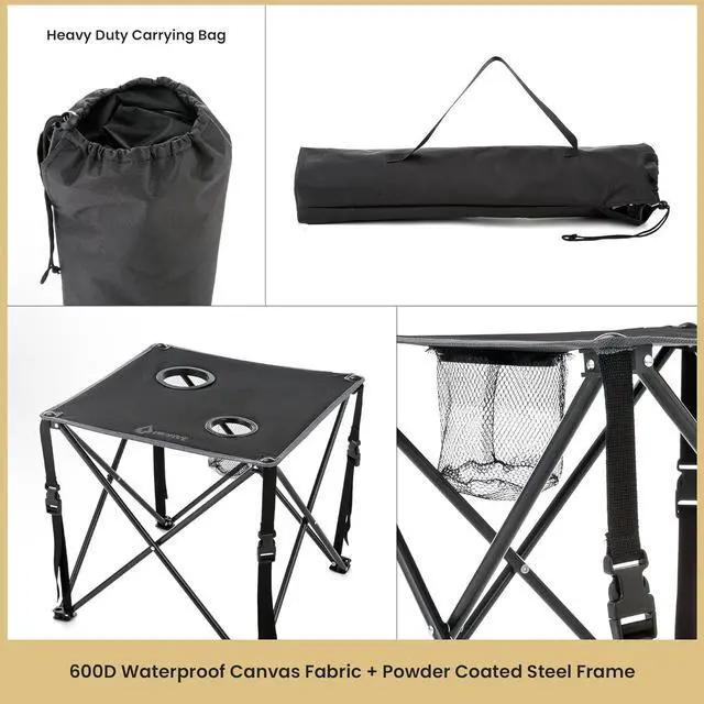 Alt view image 3 of 8 - ARROWHEAD OUTDOOR 26" Heavy-Duty Portable Folding Table, 2 Cup Holders, No Sag Surface, Compact, Square, Carrying Case, Steel Frame, High-Grade 600D Canvas