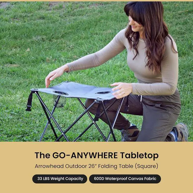 Alt view image 6 of 8 - ARROWHEAD OUTDOOR 26" Heavy-Duty Portable Folding Table, 2 Cup Holders, No Sag Surface, Compact, Square, Carrying Case, Steel Frame, High-Grade 600D Canvas