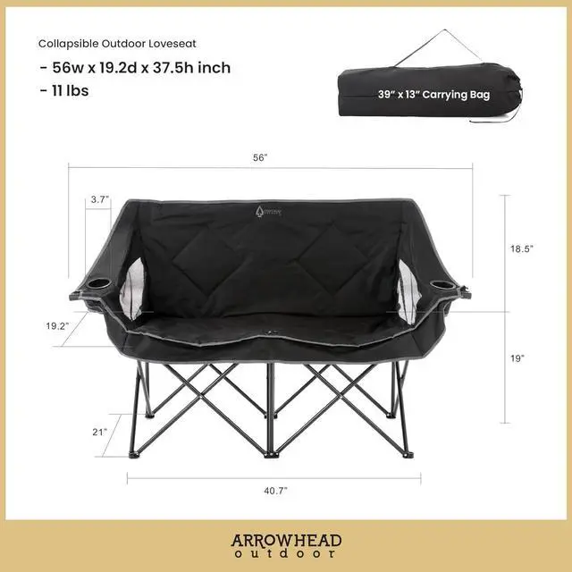Alt view image 2 of 8 - ARROWHEAD OUTDOOR Portable Folding Double Duo Camping Chair Loveseat w/ 2 Cup & Wine Glass Holder