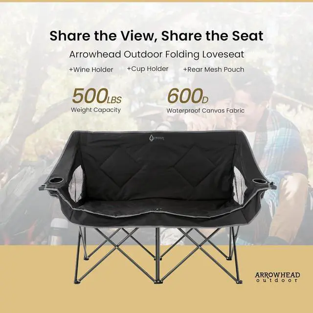 Alt view image 4 of 8 - ARROWHEAD OUTDOOR Portable Folding Double Duo Camping Chair Loveseat w/ 2 Cup & Wine Glass Holder