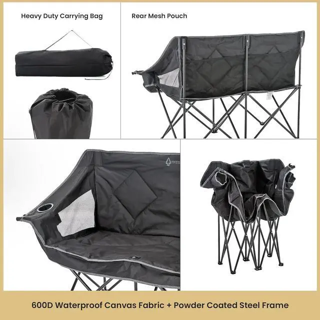 Alt view image 5 of 8 - ARROWHEAD OUTDOOR Portable Folding Double Duo Camping Chair Loveseat w/ 2 Cup & Wine Glass Holder