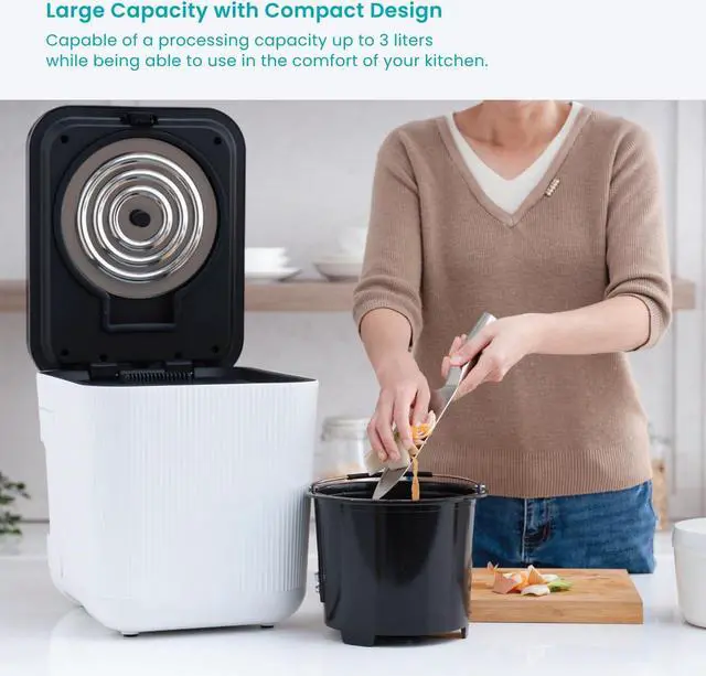 Alt view image 3 of 7 - Home Zone Living Electric Kitchen Waste Composter, Pre Compost, Auto Cleaning Cycle, 3 Liter Capacity, White