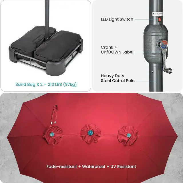 Alt view image 5 of 7 - Home Zone Living 15x9 Ft Double Head Patio Umbrella with Base, 36 LED Lights, Sand Bags, UV Resistant & Waterproof, 213 LBS Total Weight, Burgundy Red