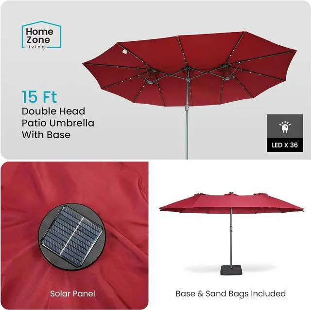 Alt view image 3 of 7 - Home Zone Living 15x9 Ft Double Head Patio Umbrella with Base, 36 LED Lights, Sand Bags, UV Resistant & Waterproof, 213 LBS Total Weight, Burgundy Red